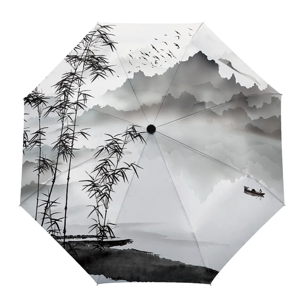 

Ink Landscape Painting Sunny Umbrella Automatic Beach Umbrella Outdoor Adults Printed Rain Umbrella for Men Kids Parasol