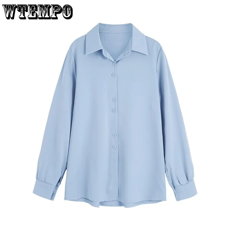 Solid Color Chiffon Shirt Women's Spring Autumn Long-sleeved Lapel Simple Shirts Loose Office Lady All-match Bottoming Shirt