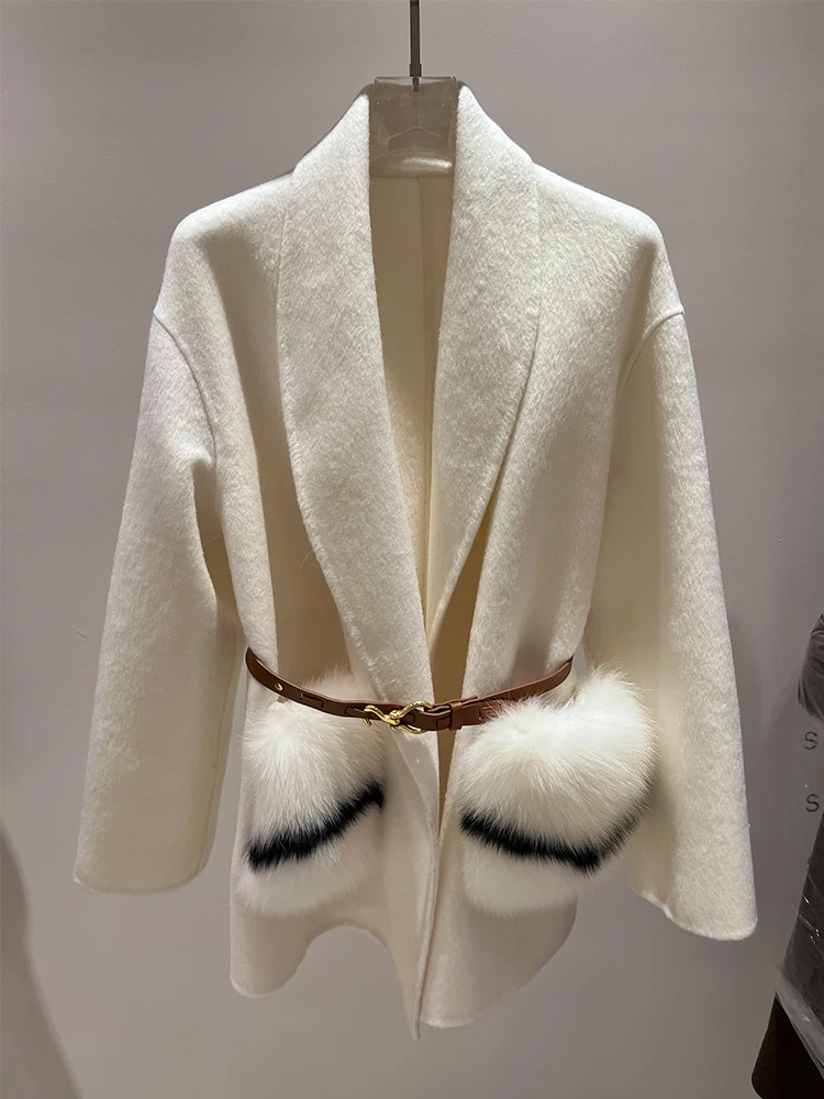 Женское кашемировое пальто с карманами теплая шерстяная куртка рукавом летучая