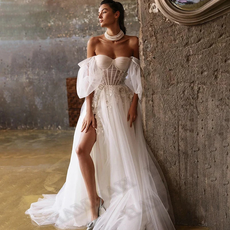 

HAMMAH Elegant Wedding Dresses Sweetheart Custom-Made Slit Court Train Zipper A-LINE Sleeveless Robe De Mariée