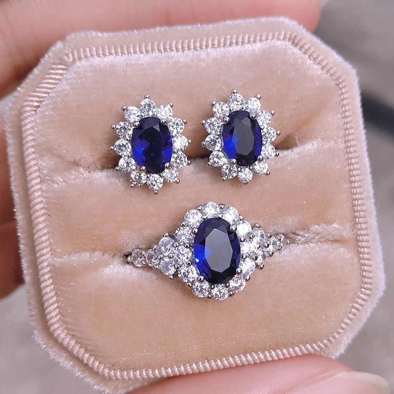 

UILZ 2pcs Pack Elegant Blue Oval CZ Silver Color Bride Dubai for Women Lady Anniversary Gift Jewelry Wholesale