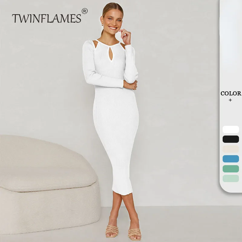

TWINFLAMES Dress Women Sexy Cutout Long Sleeve Tight Skirt Ribbed One Step Skirt White Dress for Women 2022 Y2k Robe Vestidos