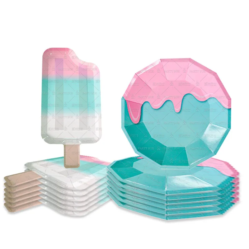 

8Guests Summer Ice cream Disposable Tableware Pink Blue Ice Cream Paper Plates Kids Girls Happy Summer Birthday Party Supplies