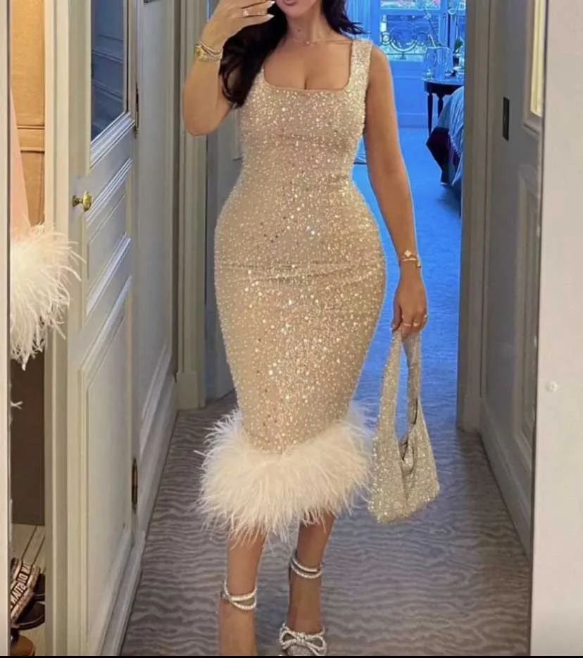 

Женское кружевное платье-футляр без рукавов, платье цвета шампанского с квадратным вырезом и перьями, для выпускного вечера, 2023