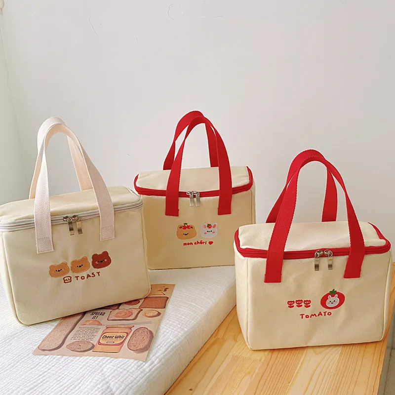 

Ins Bear Lunch Bag Canvas Large Capacity Insulation Handbags Multifunctional Thermal Breakfast Box Portable Picnic Travel WY388