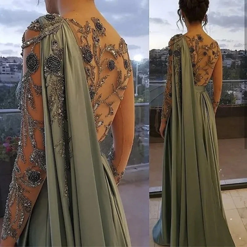 

Ashely Alsa Arabic Olive Green Muslim Evening Dress With Cape Long Sleeves Dubai Women Prom Party Gowns Formal Dress Vestidos