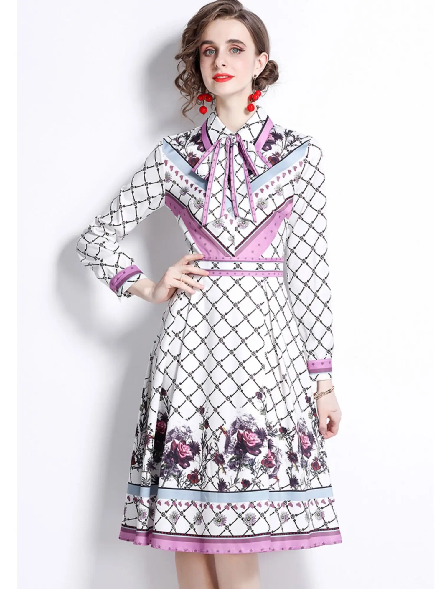 

Fashion Runway Spring Letter Plaid Dress Women Turn-down Collar Single-breasted Long Sleeve Casual Shirt Midi Dress N8201