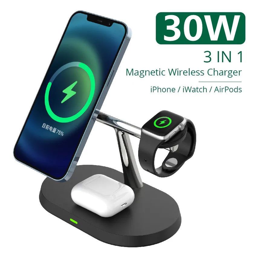 

The Car Households Are Two -port USB2.4A Travel Ca 30W 3 in 1 Magnetic Wireless Charger Stand For iPhone 13 12 Pro Max Apple