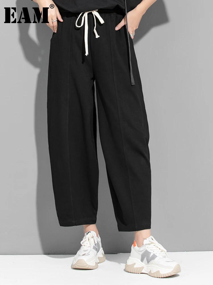 

[EAM] High Elastic Waist Black Bandage Brief Harem Trousers New Loose Fit Pants Women Fashion Tide Spring Autumn 2022 1DE8114