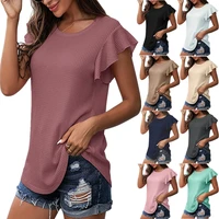 womens fashion t shirt summer casual loose blouses patchwork design ruffles decor o neck butterfly sleeve pullovers streetwear