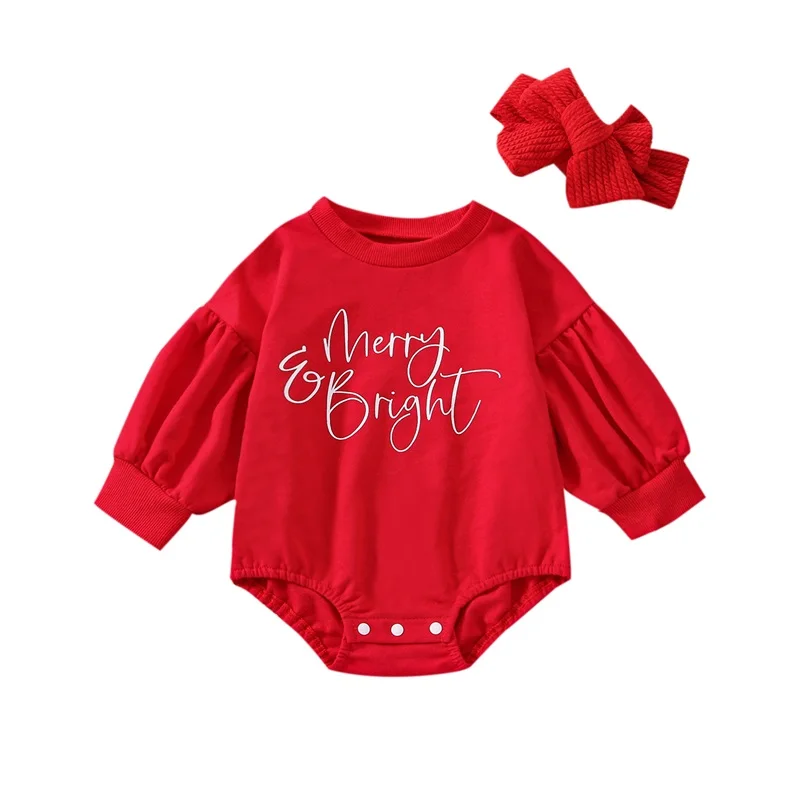 

Christmas Bodysuit for Girls Toddler Baby Clothes Round Neck Long Sleeve Letter Print Shorts Jumpsuit + Headband Party Clothing