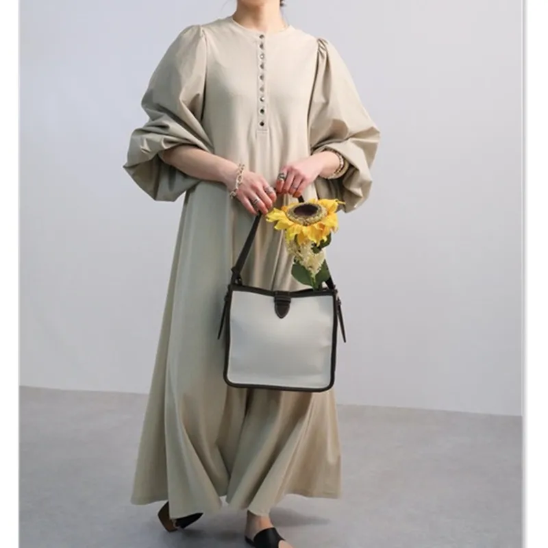 

Women's Dress Stitching New Round Neck Loose Lantern Sleeves Single-breasted Long Dress Japanese Korean Style Ins