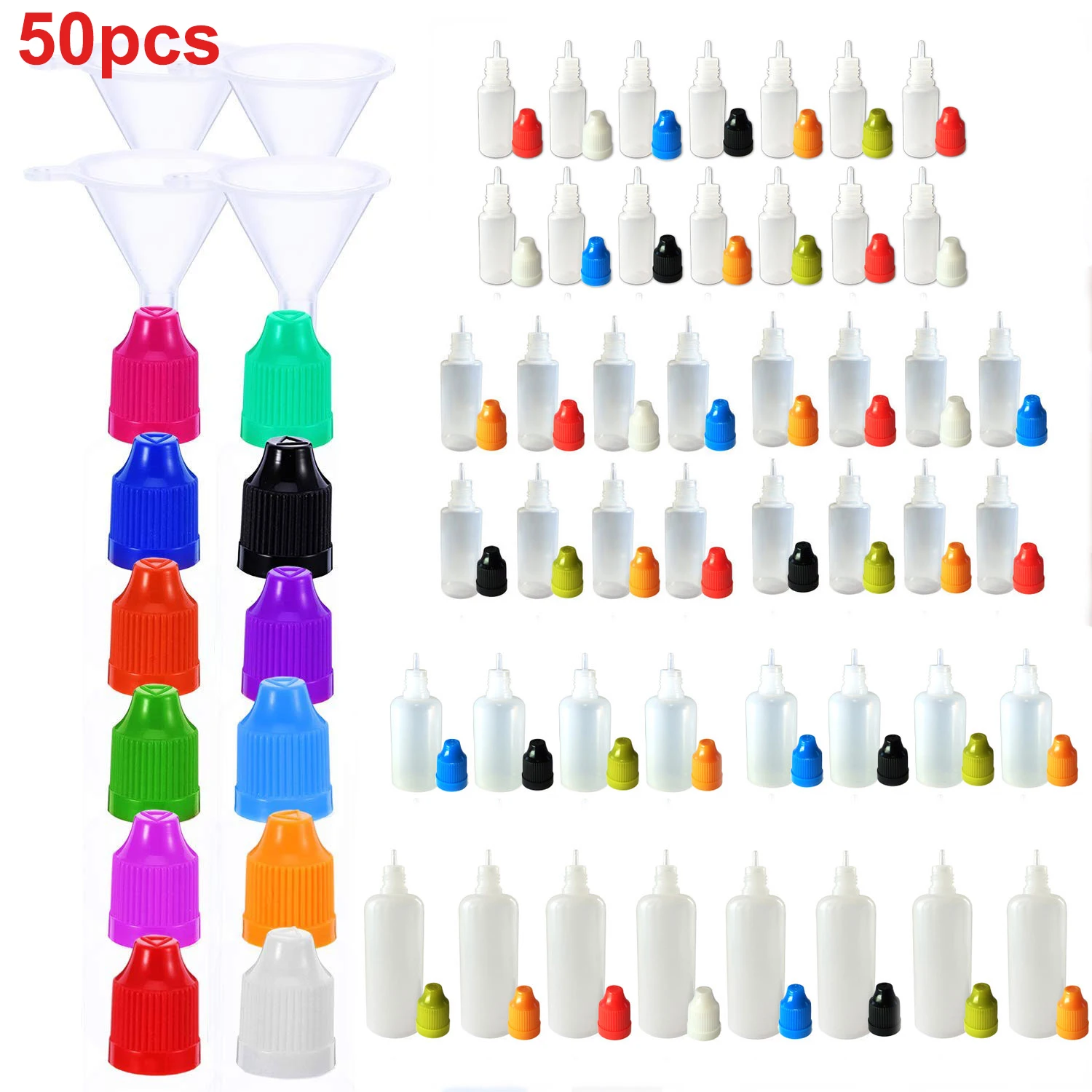 

50Pcs 5ml LDPE Dropper Bottles Plastic Empty Squeezable E Juice Refillable Eye Liquid Drop Containers CRC Caps Funnels
