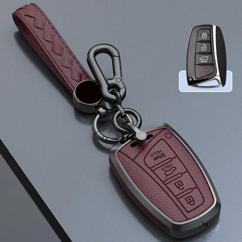 

Чехол для автомобильного ключа из цинкового сплава из воловьей кожи, брелок для Hyundai Grandeur HG Sedan Santa Fe 3DM Grand SantaFe 2018 IX45 EQUUS Azera Genesis