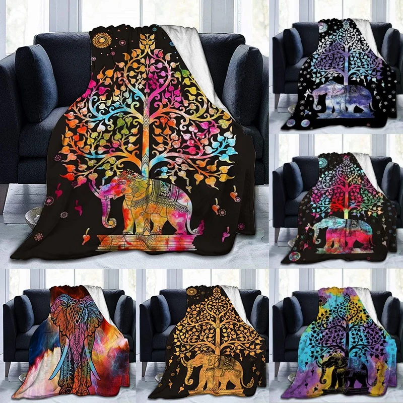 

Пледы, Флисовое одеяло для дивана, кровати, мандала, слон, в индийском стиле, Галактическое дерево, психоделический гобелен