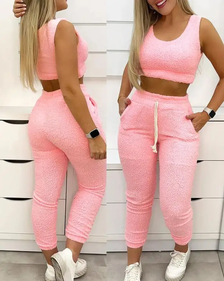 

Sporty Set Two Piece For Women U-Neck Fluffy Tank Top & Casual Pants Set Casual Outfit Summer Pants Suit Ladies Streetwear 2022