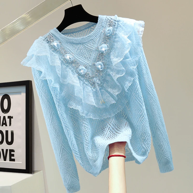 

Flower Bead Pulloveers Top 2023 Autumn/Winter Ruffled Sequins Hollow Out Thin Sweater Female Sweaters Women Knitwear Jumper Coat