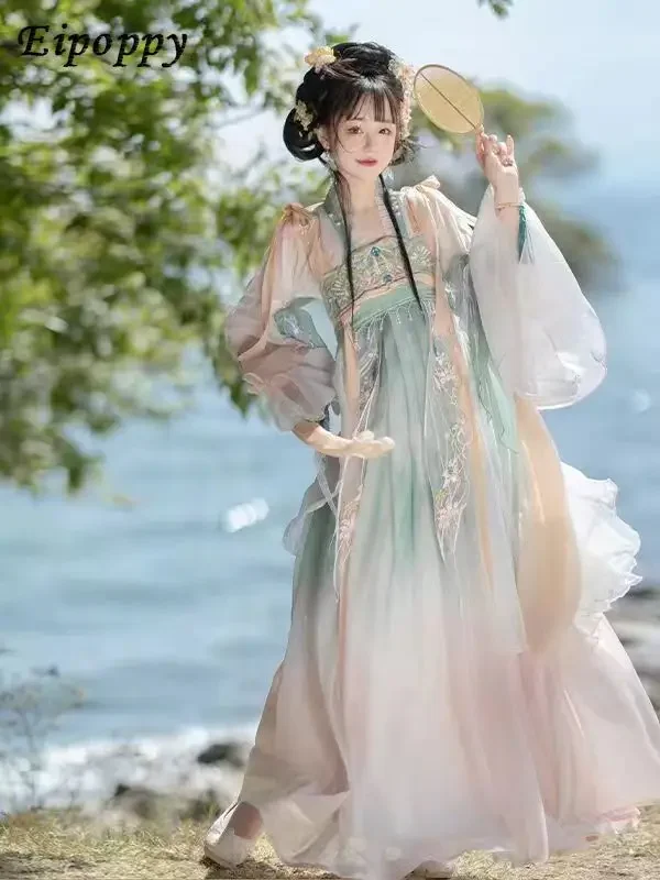 Женская длина груди Hanfu Элементы Han с тяжелой вышивкой