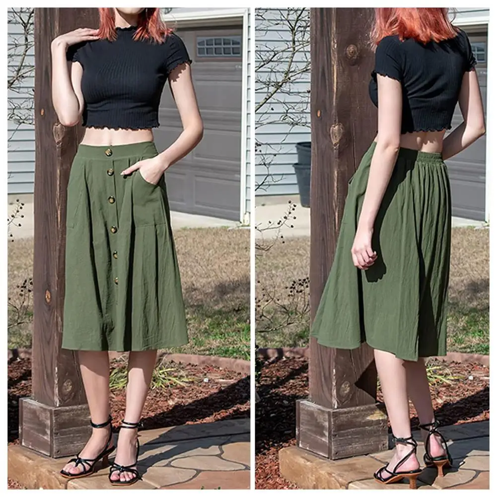 

Elegant Women's High-waist A-line Skirt with Pockets Button Detailing Stylish Midi Skirt for A Flattering Silhouette