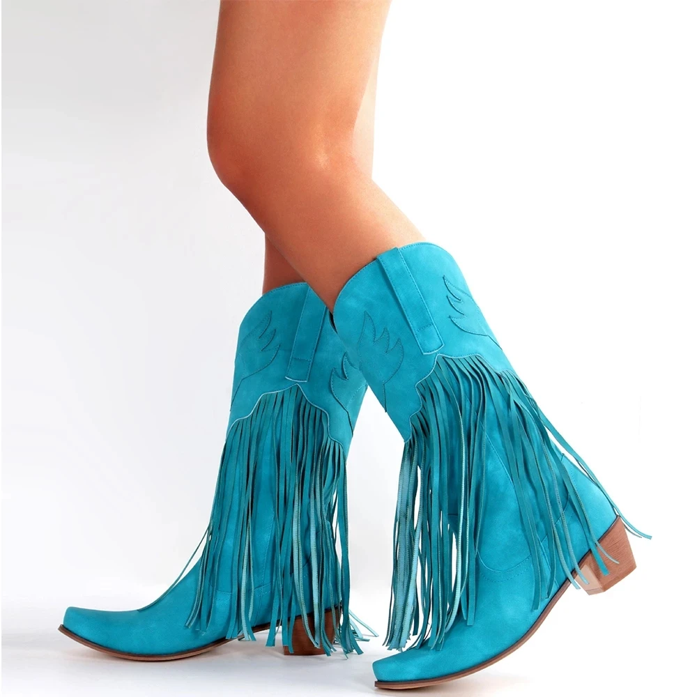 

Novelty Retro Style Cowgirls Cowboy Boots Shoes for Women Fringe Love Pattern Chunky Heels Pointed Toe Western Boots Slip On