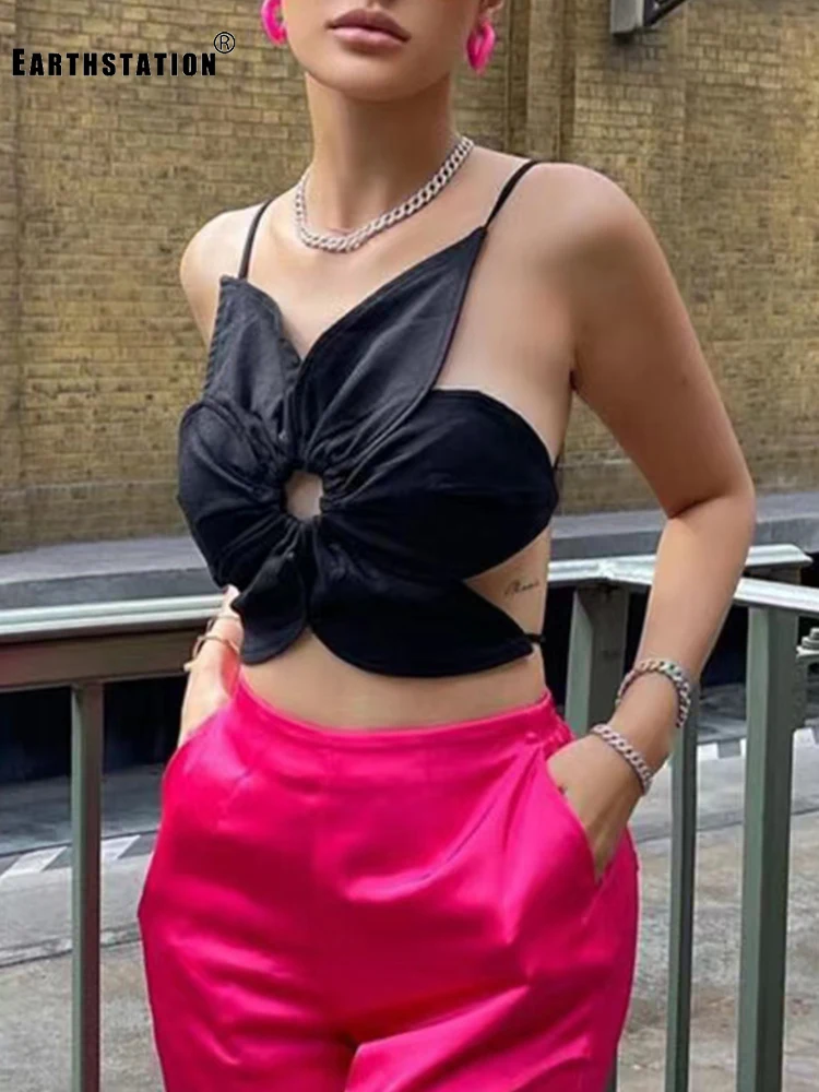 

Retro Solid Color Flower Shape Middle Hollow Sexy Sleeve Back Sling Vest Ladies New Fashion Versatile Irregular Tube Top Tops