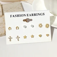 6pairset 2022 fashion new heart star geometric stud earrings for woman simple gold color small metal pearl earrings set jewelry