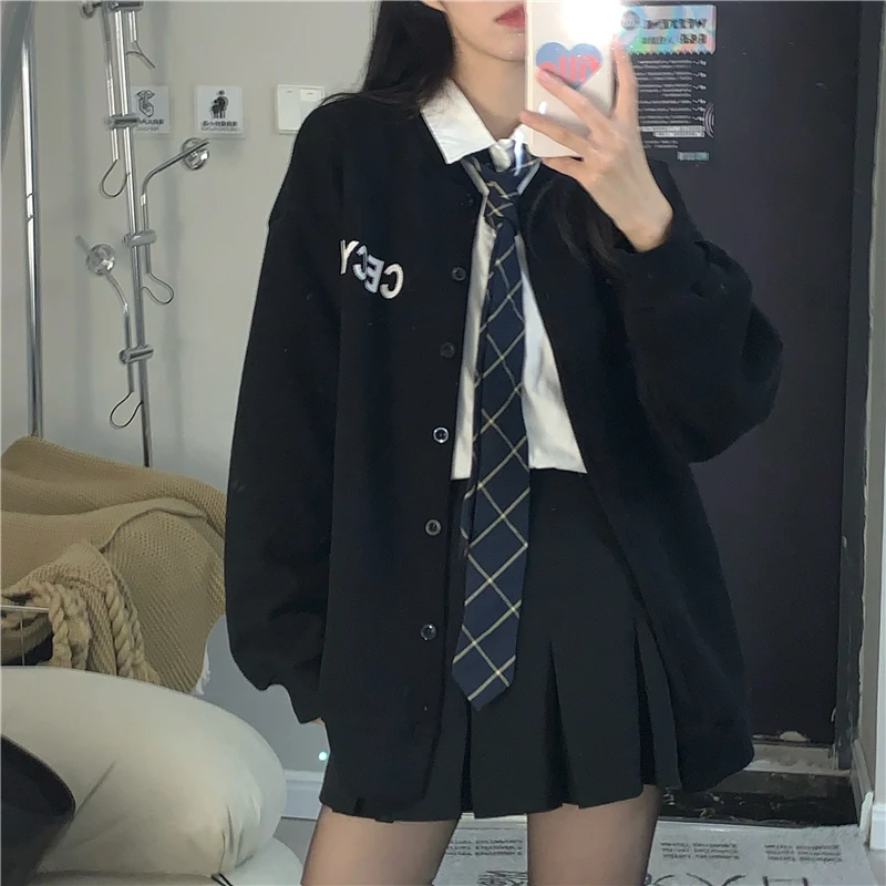 

New Autumn Sweater Women's Preppy Style Japanese Love Letter Jacquard Sweater Loose Knitted Cardigan Thick Keep Warm Female