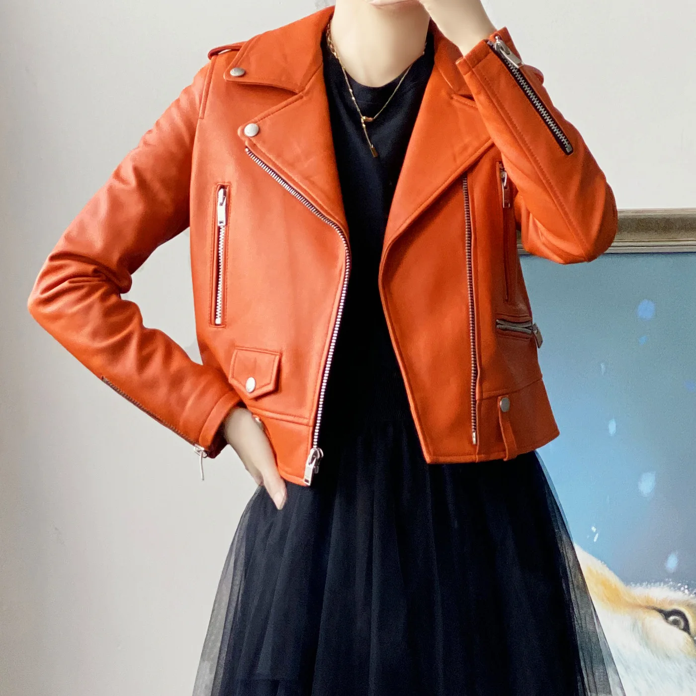2022 Women New Trend  Asymmetrical Zipper Slim Genuine Sheepskin Leather Locomotive Jacket E11