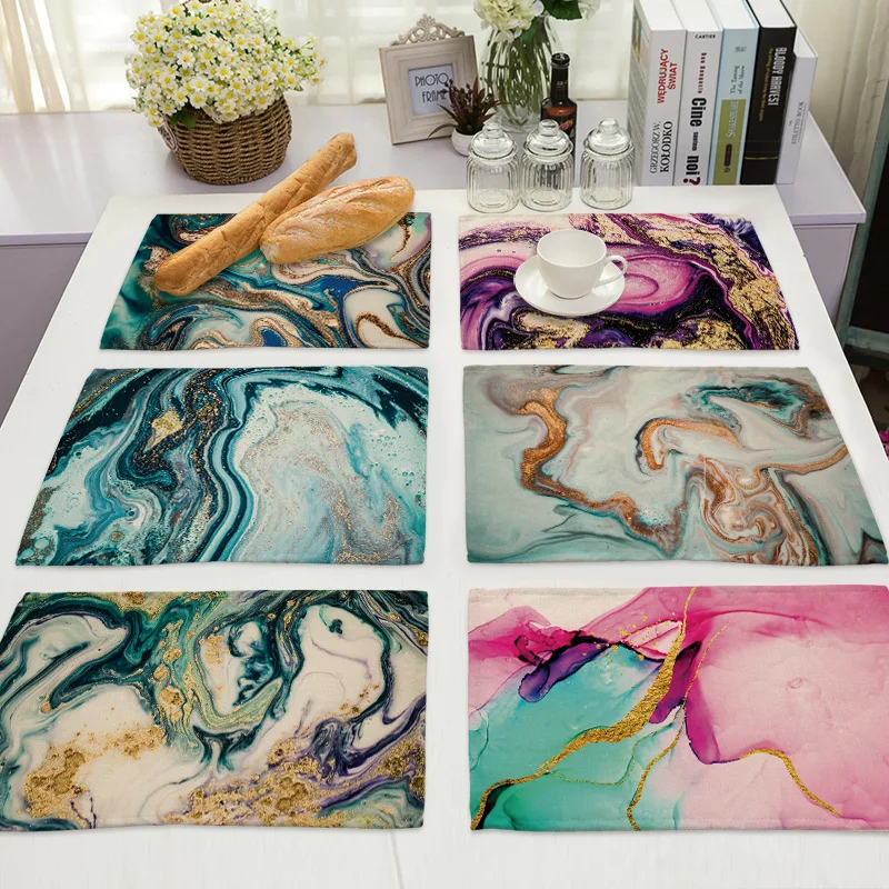 Abstract Marble Pattern Printed Faux Linen Placemats Dining Table Drink Coasters Home Decor Dining Table Placemats