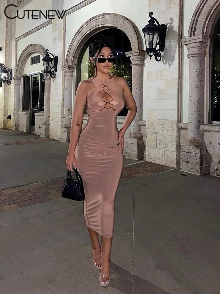 

Женское платье-миди без рукавов, с вырезами