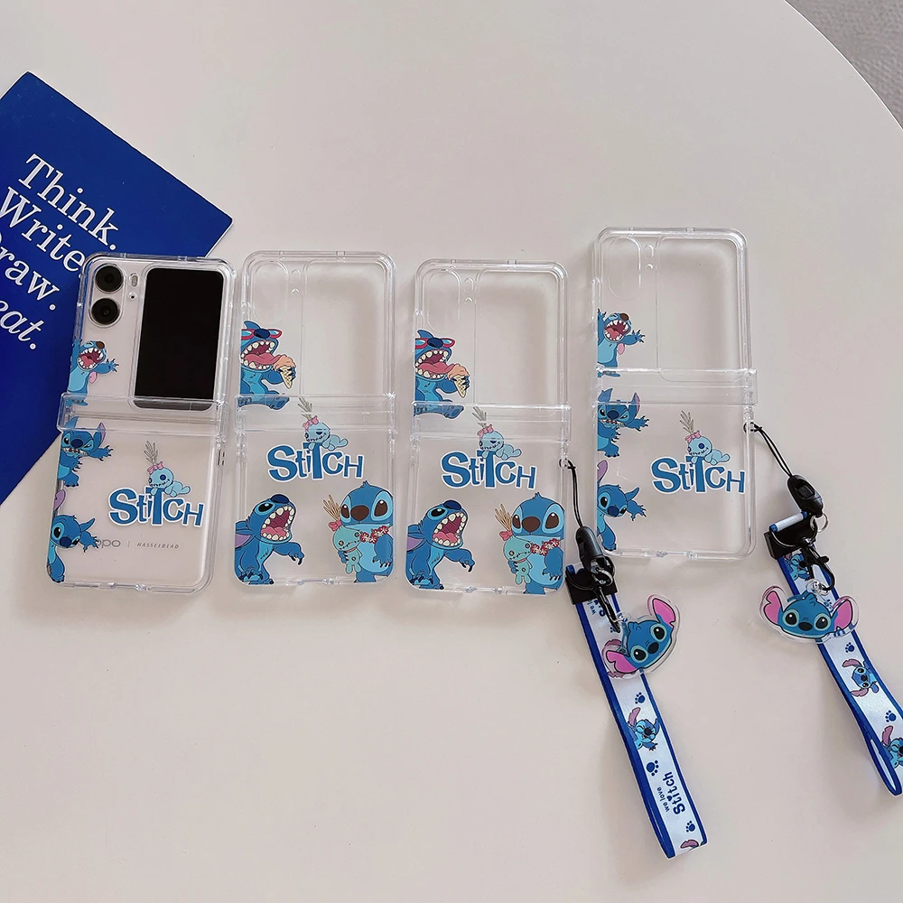 

Fashion Cartoon Disney Stitch With Lanyard Phone Case for OPPO Find N2 Flip 5G Fold Couple Anti-drop Soft Back Cover Coque