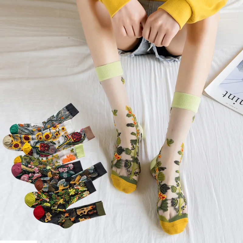 

Fashion Women Socks Summer Floral Transparent Silk Mesh Embroidery Ultrathin Glass Silk Socks 1Pair Thigh High Socks Plus Size