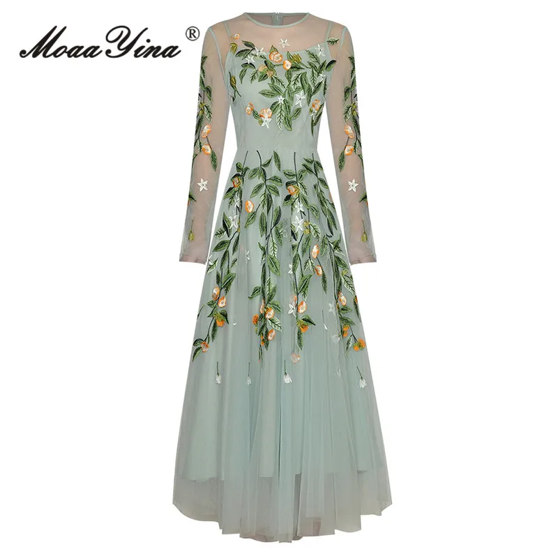 

MoaaYina модное дизайнерское платье, летнее женское платье, светильник зеленое платье с длинным рукавом и высокой талией, Сетчатое платье с цветочной вышивкой