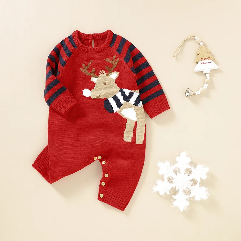 

Newborn Baby Rompers 0-18m Winter Red Christmas Knitted Infant Kids Boys Girls Reindeer Jumpsuits Clothes Toddler Netural Outfit
