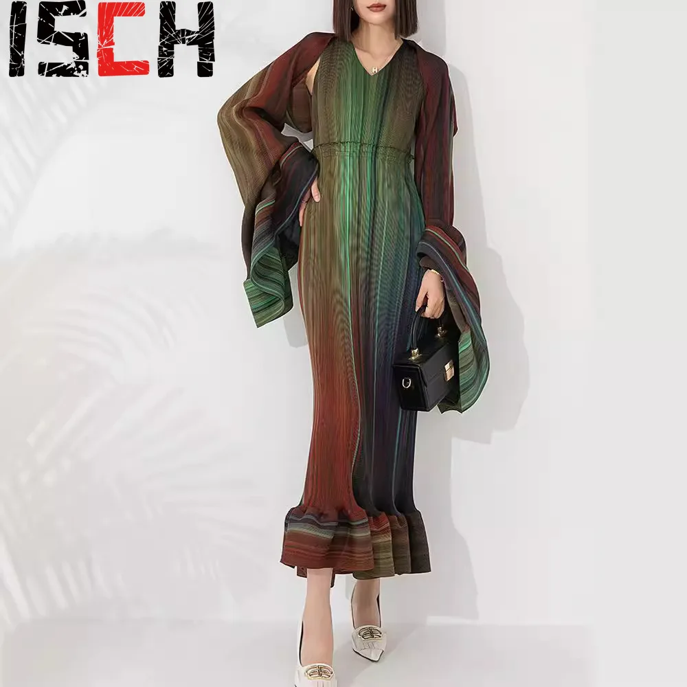 Женское плиссированное платье длинное градиентного цвета с V-образным вырезом и