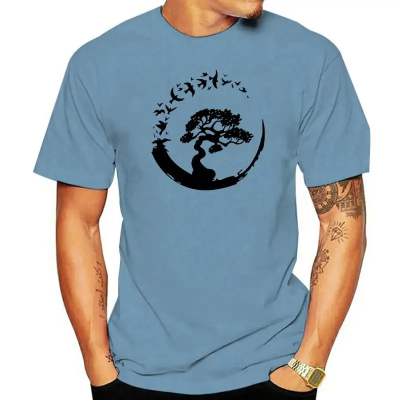 

Men Tees Father Day All Cotton T-Shirt Tops Short Sleeve T Shirts For Male White Black Tshirt Bonsai Tree in Enso Circle Birds