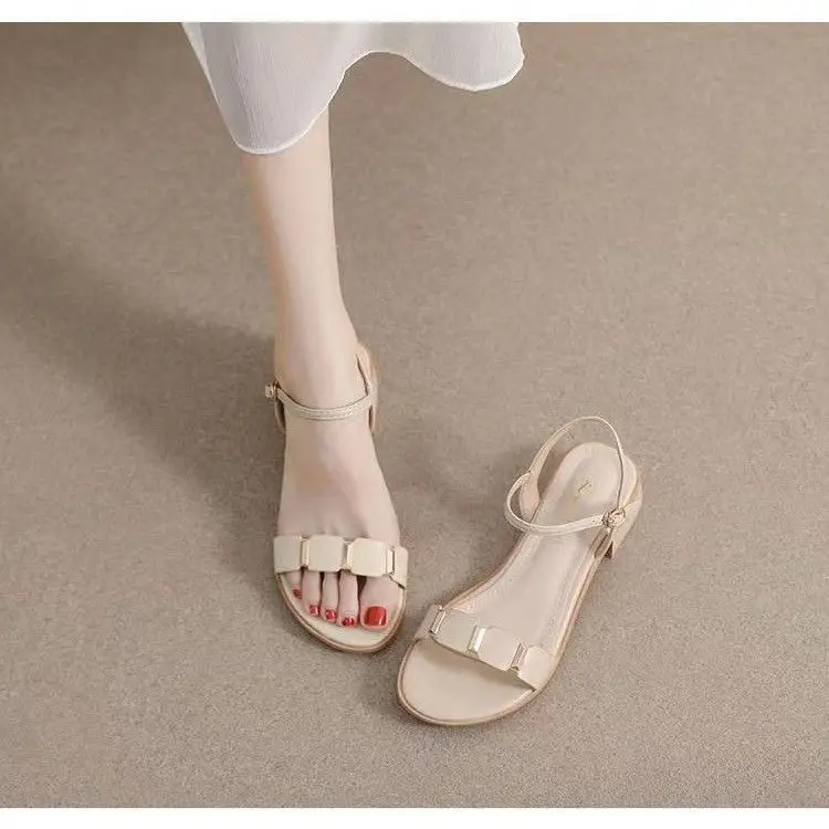 Summer 2023 New Sandals Flat bottoms Versatile thick heels Breathable fashion temperament One word Caligae Simple women's shoes