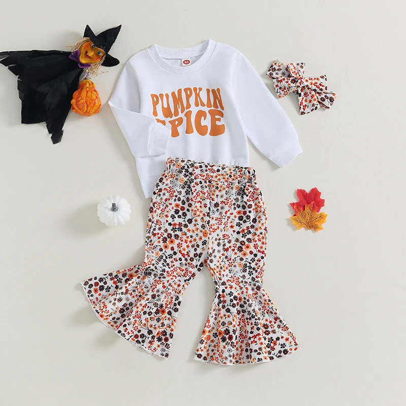 

Осенняя одежда для маленьких девочек с буквенным принтом, топы с длинным рукавом и круглым вырезом, расклешенные брюки с цветочным узором, повязка на голову, комплект из 3 предметов, наряды на Хэллоуин