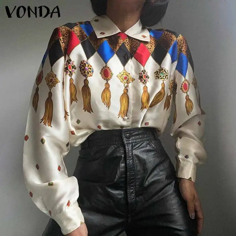 

VONDA 2022 Sring Autumn Pleated Tops Femininas Blouse Women Long Sleeve Chemise Shirts Lapel Collar Printed Button Up Blusas