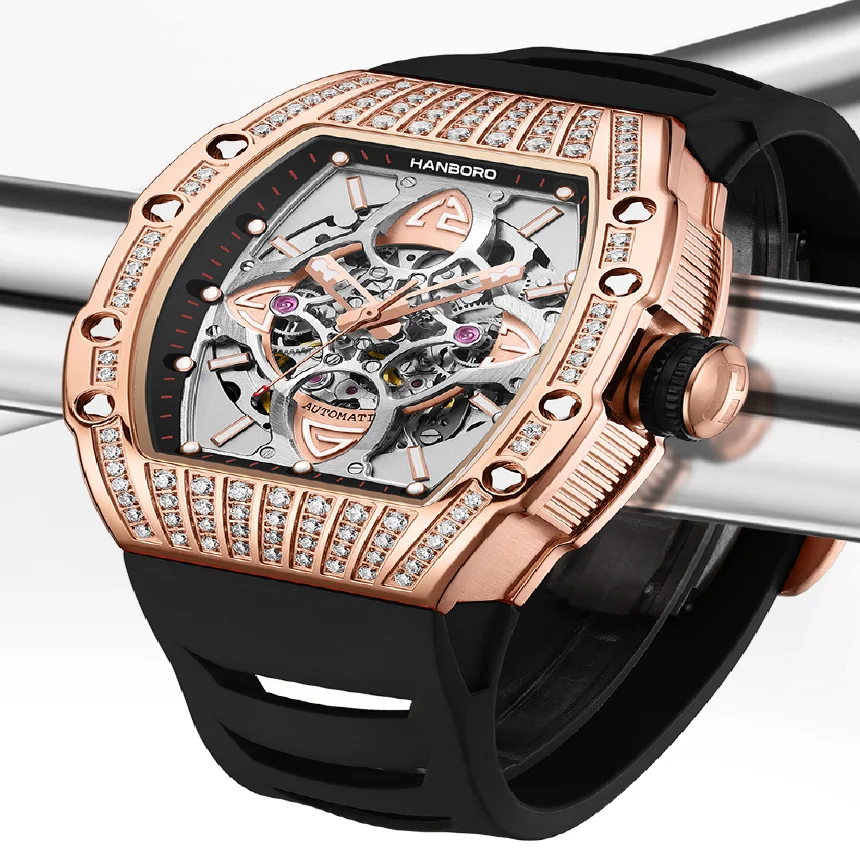 

Hanboro brand Luxury men's watch Automatic watches Mechanical watches hollow design waterproof rubber strap Business Man Watch