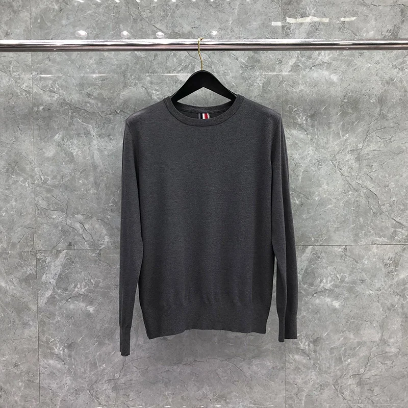 

THOM Mens' Sweater Autunm Winter Male Fashion Brand Coats Center Back Stripe Crewneck Pullover Dark Gray TB Sweaters