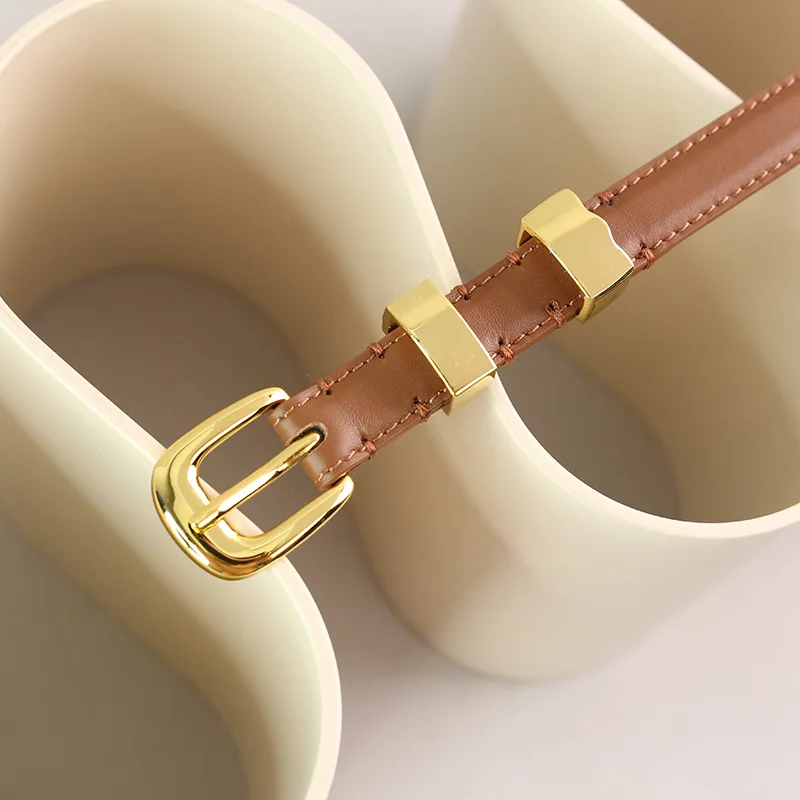 Top Layer Cowhide Retro Niche Horse Hoof Gold Buckle Thin Belt, Same Model for Women's Versatile Thin Belt In The Mall