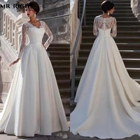 modest lace appliqued a line satin wedding dress v neck long sleeve for women bridal robe vestido de noiva