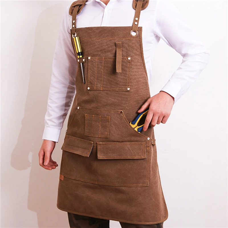 New Durable Goods Heavy Duty Unisex Canvas Work Apron with Tool Pockets Cross-Back Straps Adjustable For Woodworking Painting