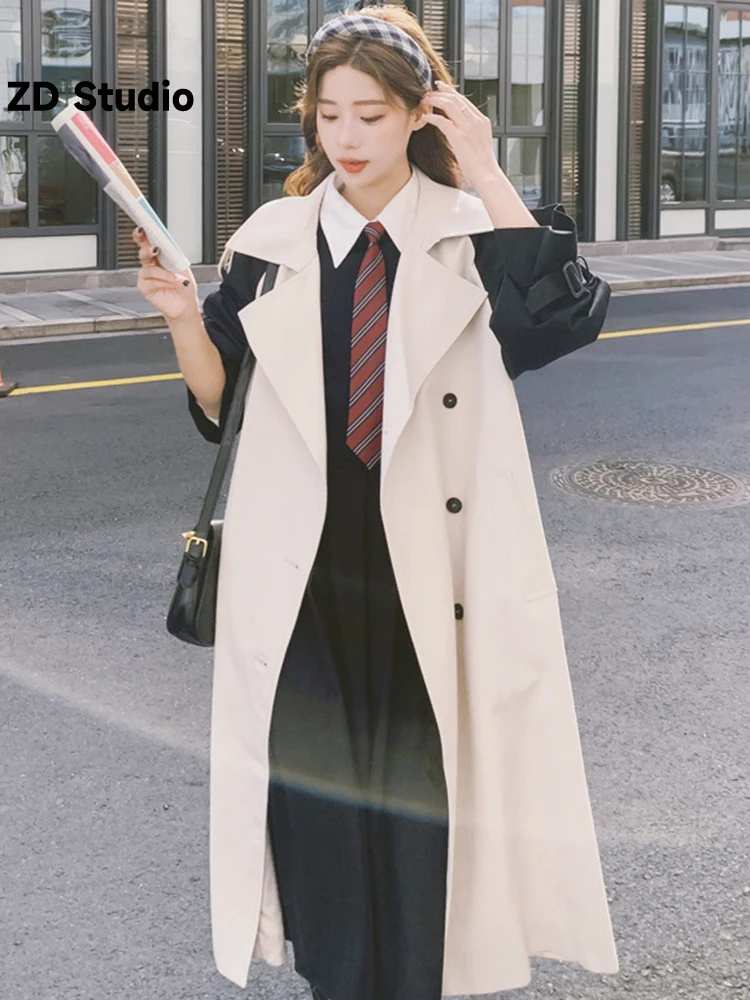 

[ZD Studio] Korean Style Trench Coat Women Lapel Contrast Color Sleeves Double Breasted Belt Windbreaker Autumn New