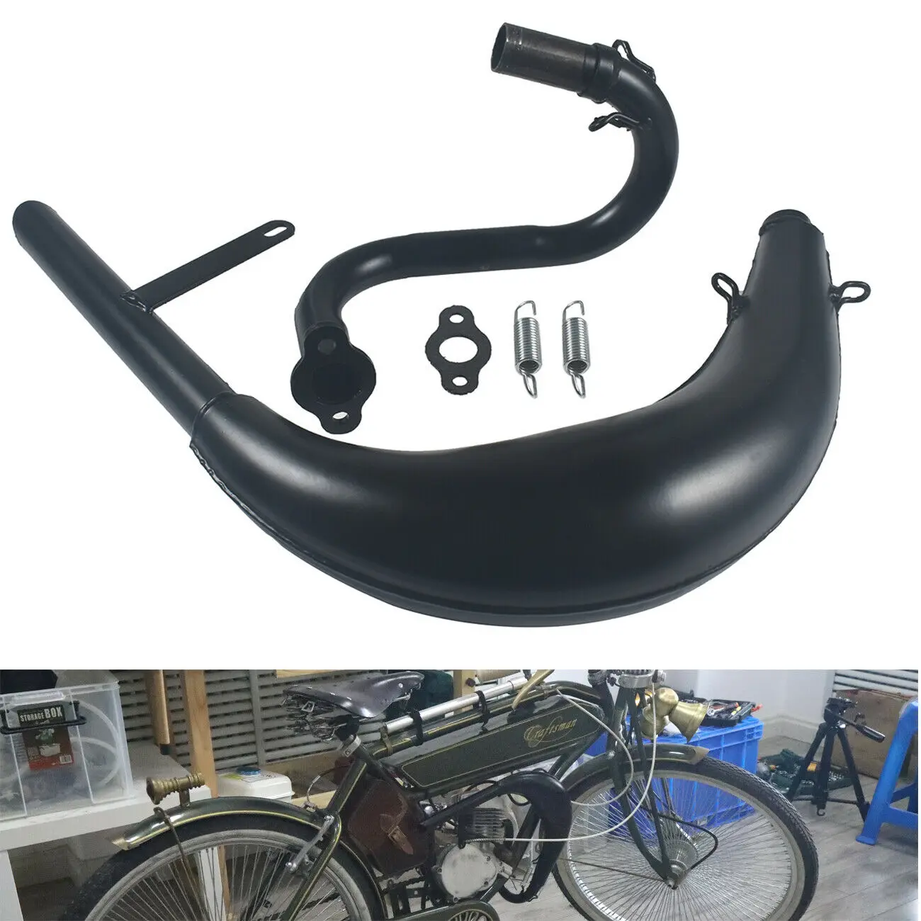 Silenciador de tubo de escape curvo para bicicleta, pieza de Motor de Gas de 50 80cc, 2 tiempos, color negro