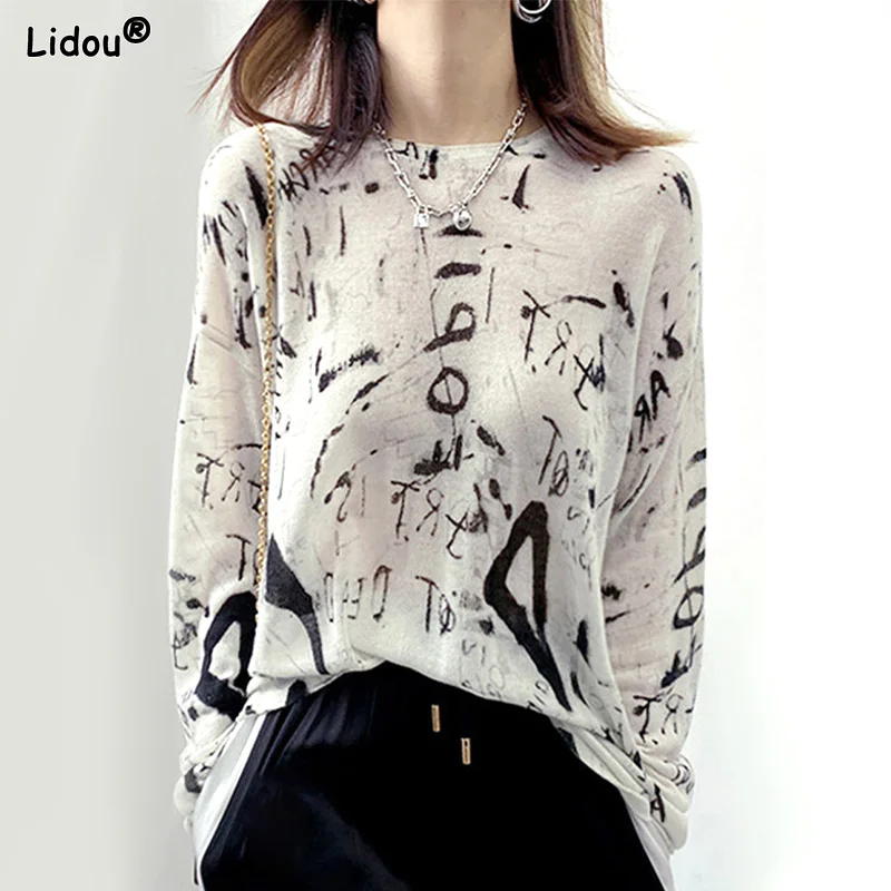 

Office Lady Casual Spring Summer Thin Fashion T-Shirts Loose Pullovers Printing Simplicity Women's Clothing Bottoming Solid Tops