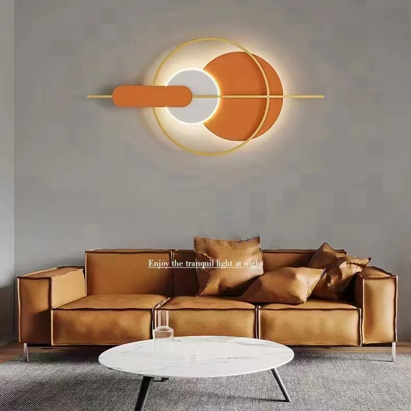 

Simple Bedroom Living Room Fixture Sconce Postmodern Interior Decoration LED Tri-tone Light Geometric Orange Round Wall Lamp