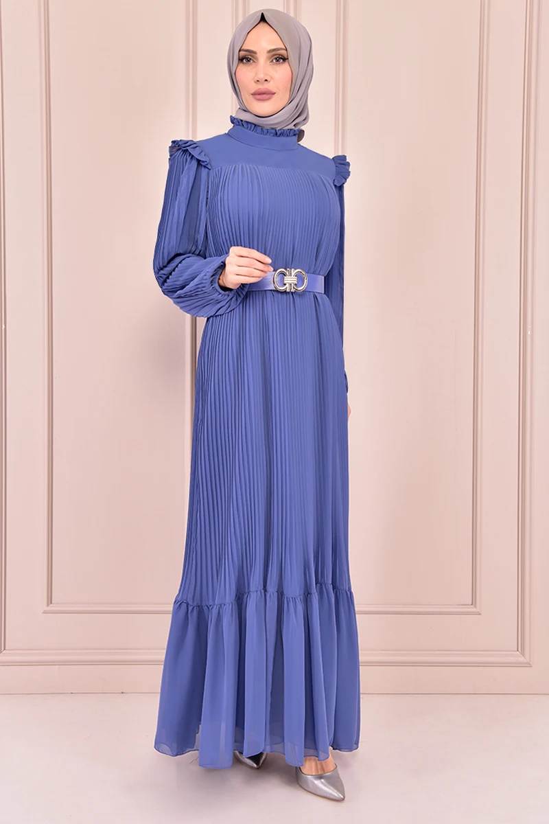 Плиссированное шифоновое платье синего цвета, ev14844