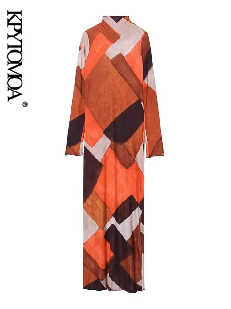 

KPYTOMOA Women Fashion Printed Midi Dress Vintage High Neck Long Sleeve Female Dresses Vestidos Mujer